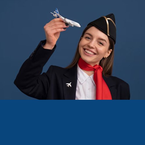 Smiling cabin-crew style student holding a toy aeroplane