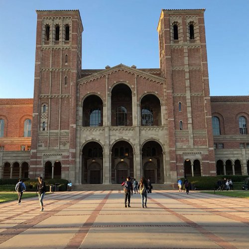 Brick library building and plaza at a University of California campus