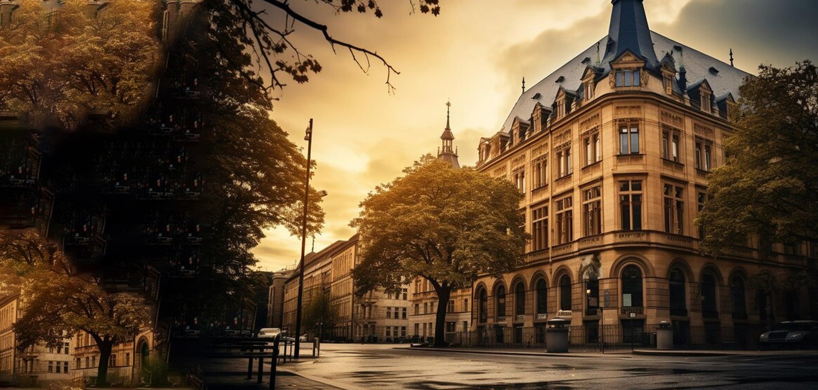 Historic university building glowing in golden evening light