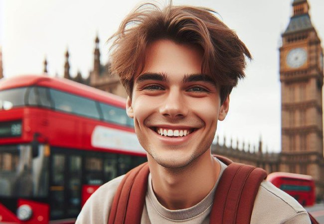 Smiling student in London Smiling student with backpack and a red London bus behind